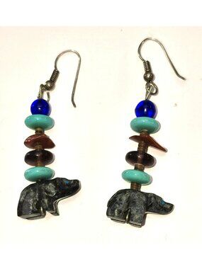 Handcrafted Vintage Bear Earrings With Turquoise Beads Agate Stones CM2397